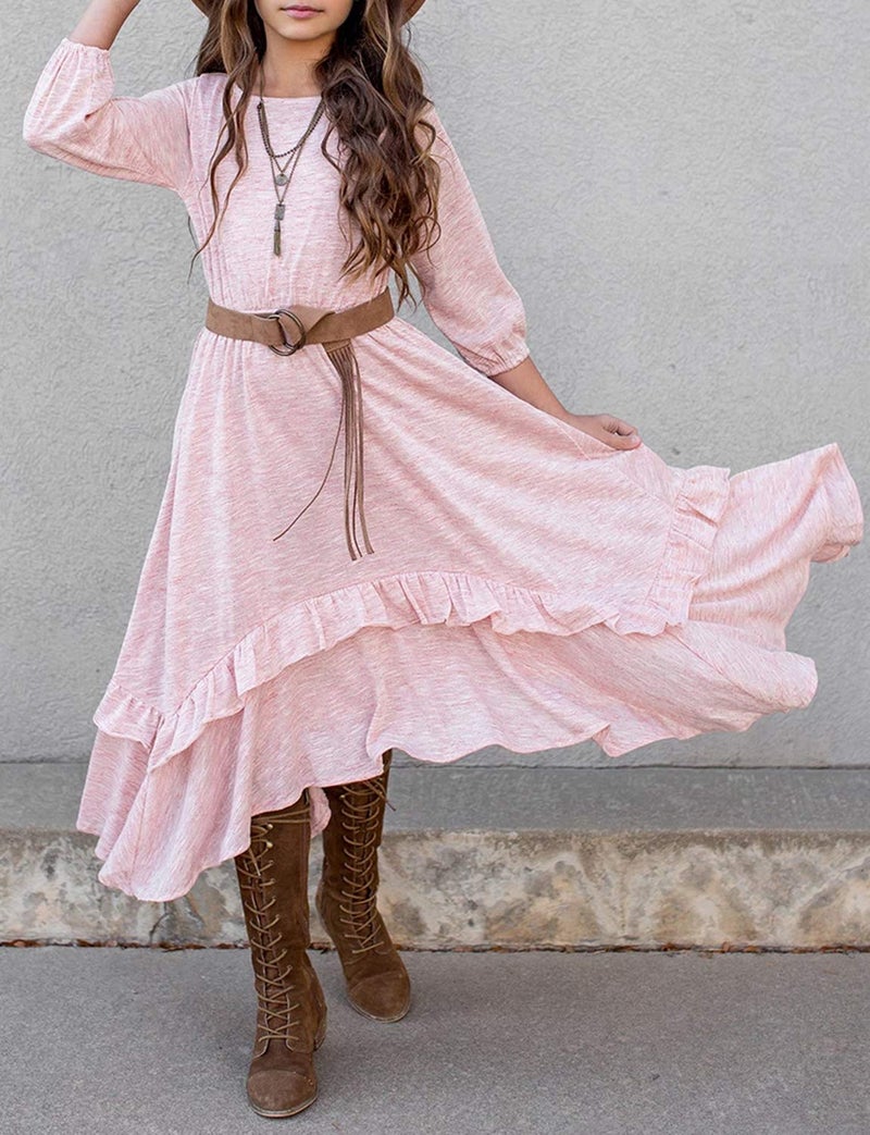 MITILLY Girls Loose Plain 3/4 Sleeve Casual Pocket Ruffle Swing Long Maxi Dress with Belt 12 Years Pink - Image 2
